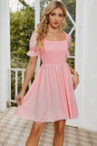 SQUARE NECK PUFF SLEEVES PLEATED SHORT DRESS - Doublju