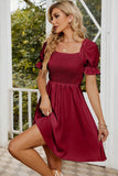 SQUARE NECK PUFF SLEEVES PLEATED SHORT DRESS - Doublju