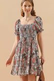 PATTERNED SQUARE NECK PUFF SLEEVE SHORT CAKE DRESS - Doublju