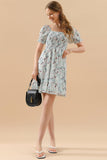 PATTERNED SQUARE NECK PUFF SLEEVE SHORT CAKE DRESS - Doublju