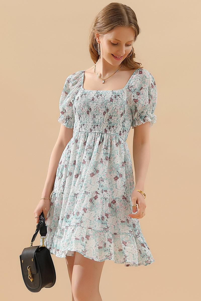 PATTERNED SQUARE NECK PUFF SLEEVE SHORT CAKE DRESS - Doublju