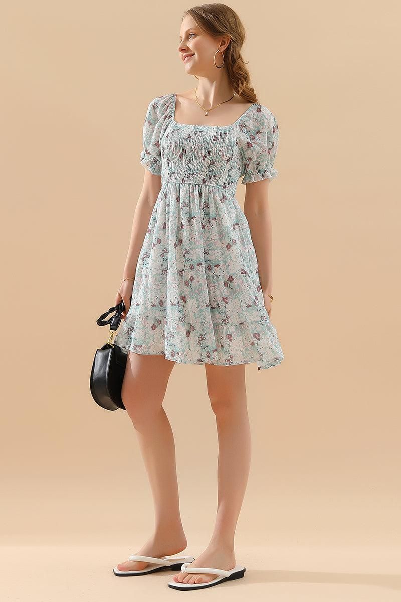 PATTERNED SQUARE NECK PUFF SLEEVE SHORT CAKE DRESS - Doublju