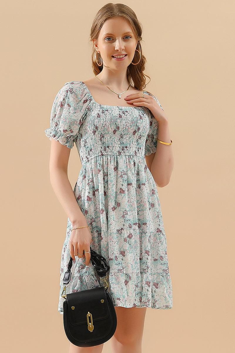 PATTERNED SQUARE NECK PUFF SLEEVE SHORT CAKE DRESS - Doublju