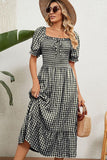 SQUARE NECK WRINKLED PUFF PLAID PICNIC DRESS - Doublju
