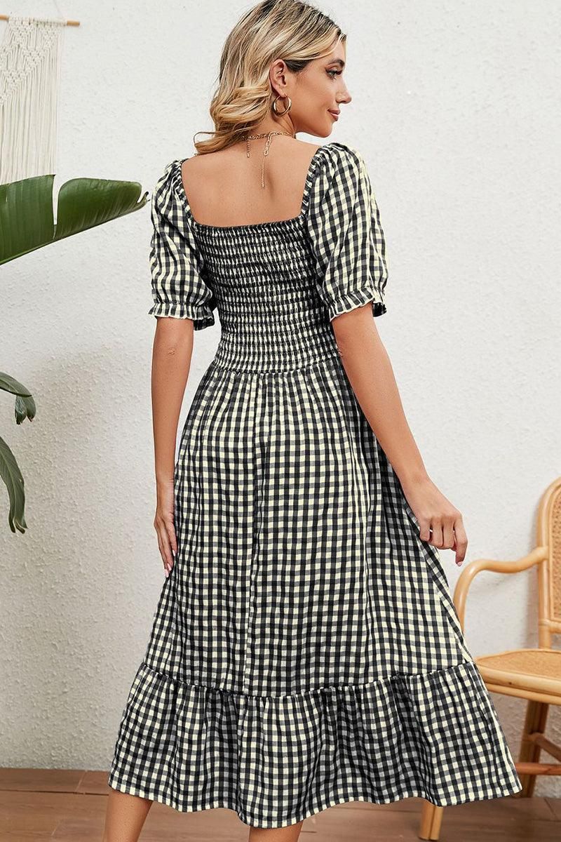 SQUARE NECK WRINKLED PUFF PLAID PICNIC DRESS - Doublju