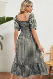 SQUARE NECK WRINKLED PUFF PLAID PICNIC DRESS - Doublju