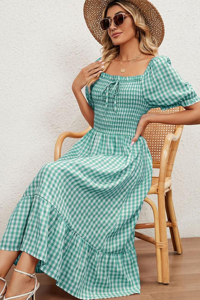 SQUARE NECK WRINKLED PUFF PLAID PICNIC DRESS - Doublju
