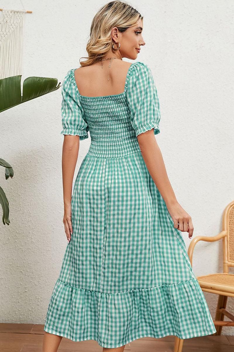 SQUARE NECK WRINKLED PUFF PLAID PICNIC DRESS - Doublju