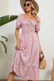 SQUARE NECK WRINKLED PUFF PLAID PICNIC DRESS - Doublju