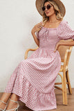 SQUARE NECK WRINKLED PUFF PLAID PICNIC DRESS - Doublju