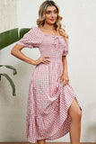 SQUARE NECK WRINKLED PUFF PLAID PICNIC DRESS - Doublju