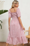 SQUARE NECK WRINKLED PUFF PLAID PICNIC DRESS - Doublju