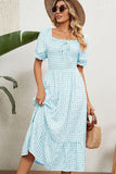 SQUARE NECK WRINKLED PUFF PLAID PICNIC DRESS - Doublju