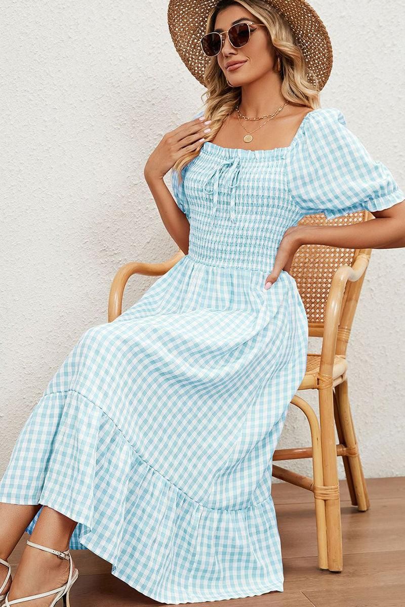 SQUARE NECK WRINKLED PUFF PLAID PICNIC DRESS - Doublju