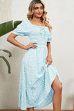SQUARE NECK WRINKLED PUFF PLAID PICNIC DRESS - Doublju
