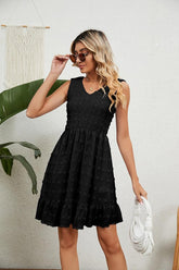 V NECK JACQUARD WEAVE SLEEVELESS DRESS - Doublju