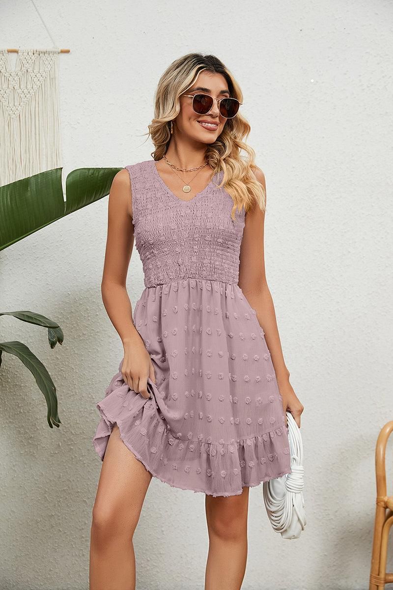 V NECK JACQUARD WEAVE SLEEVELESS DRESS - Doublju