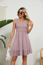 V NECK JACQUARD WEAVE SLEEVELESS DRESS - Doublju