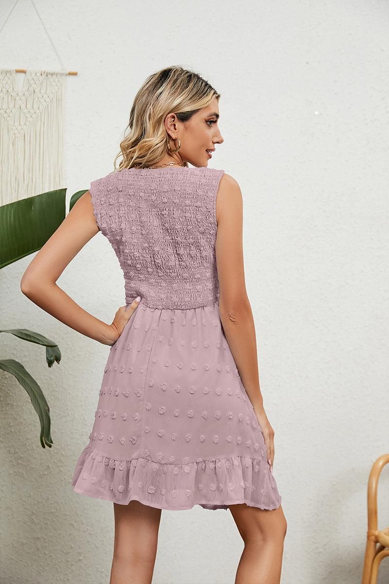 V NECK JACQUARD WEAVE SLEEVELESS DRESS - Doublju