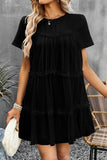 ROUND NECK GAUZE SPLICING SHORT DRESS - Doublju