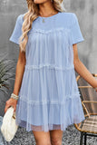 ROUND NECK GAUZE SPLICING SHORT DRESS - Doublju