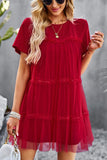 ROUND NECK GAUZE SPLICING SHORT DRESS - Doublju