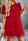 ROUND NECK GAUZE SPLICING SHORT DRESS - Doublju