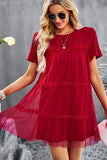 ROUND NECK GAUZE SPLICING SHORT DRESS - Doublju