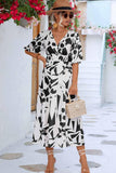 SHAPE PATTERN V NECK TIGHTEN WAIST PUFF DRESS - Doublju