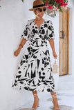 SHAPE PATTERN V NECK TIGHTEN WAIST PUFF DRESS - Doublju