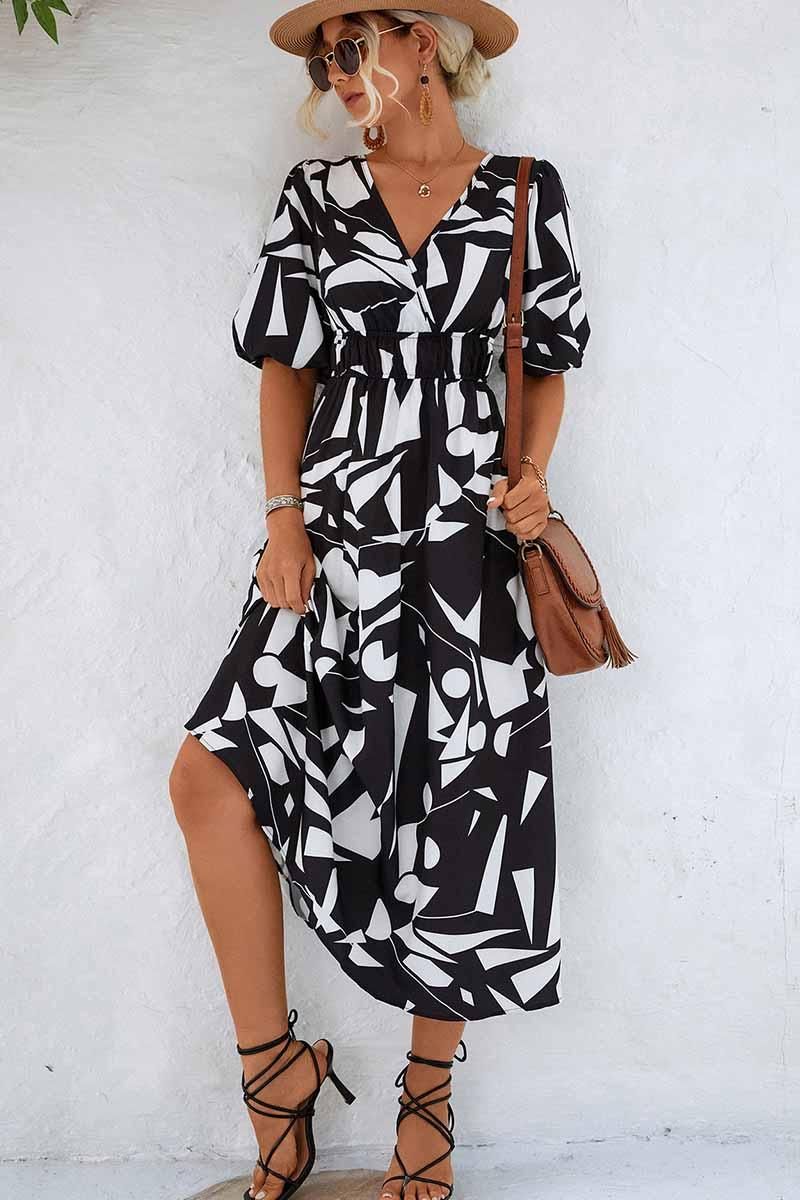 SHAPE PATTERN V NECK TIGHTEN WAIST PUFF DRESS - Doublju