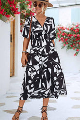 SHAPE PATTERN V NECK TIGHTEN WAIST PUFF DRESS - Doublju
