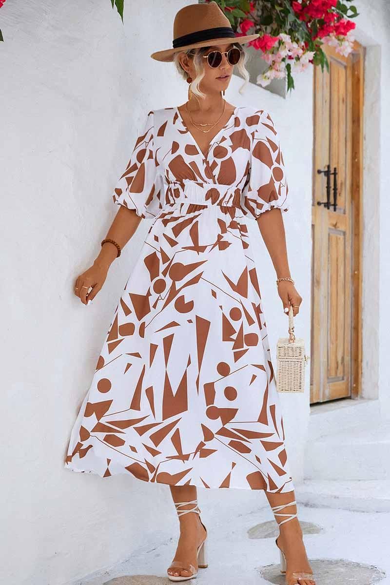 SHAPE PATTERN V NECK TIGHTEN WAIST PUFF DRESS - Doublju