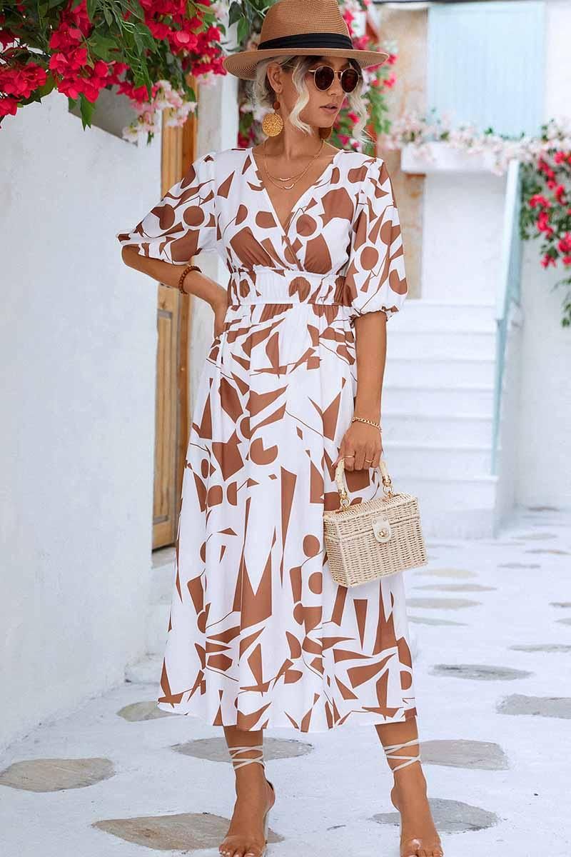 SHAPE PATTERN V NECK TIGHTEN WAIST PUFF DRESS - Doublju