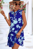 NATURE PATTERN TIED NECK SHORT RUFFLED DRESS - Doublju