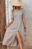 LEOPARD SHORT TIED SLEEVE BUTTON UP SLIT DRESS - Doublju
