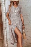 LEOPARD SHORT TIED SLEEVE BUTTON UP SLIT DRESS - Doublju