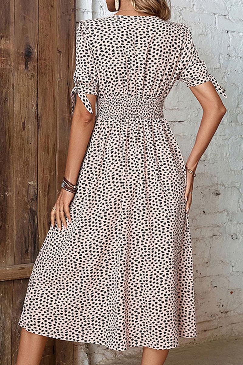 LEOPARD SHORT TIED SLEEVE BUTTON UP SLIT DRESS - Doublju