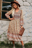 LONG SLEEVE SMOKED BOHEMIAN FLARE DRESS - Doublju