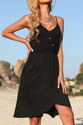V NECK BUTTON TIGHTEN WAIST CAMISOLE DRESS - Doublju
