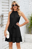 SOLID COLOR RUFFLED HALTER DRESS - Doublju