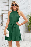 SOLID COLOR RUFFLED HALTER DRESS - Doublju