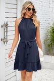 SOLID COLOR RUFFLED HALTER DRESS - Doublju
