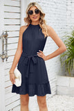 SOLID COLOR RUFFLED HALTER DRESS - Doublju