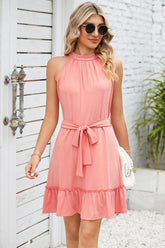 SOLID COLOR RUFFLED HALTER DRESS - Doublju