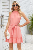 SOLID COLOR RUFFLED HALTER DRESS - Doublju