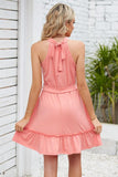 SOLID COLOR RUFFLED HALTER DRESS - Doublju