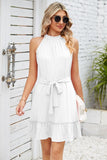 SOLID COLOR RUFFLED HALTER DRESS - Doublju