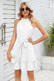 SOLID COLOR RUFFLED HALTER DRESS - Doublju