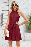 SOLID COLOR RUFFLED HALTER DRESS - Doublju